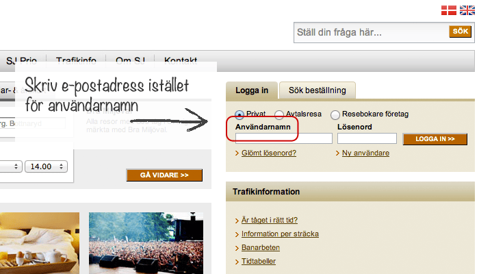 Logga in rutan på sj.se