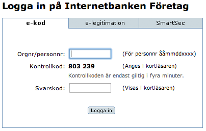 Inloggningsformuläret till Nordeas internetbank för företag